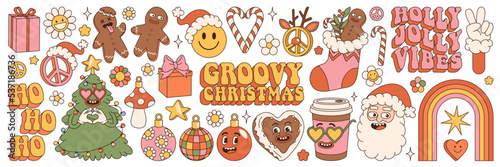 Groovy hippie Christmas stickers. Santa Claus, Christmas tree, gifts, rainbow, peace, holly jolly vibes, ho ho ho, coffee, gingerbread in trendy retro cartoon style. Cartoon characters and elements.