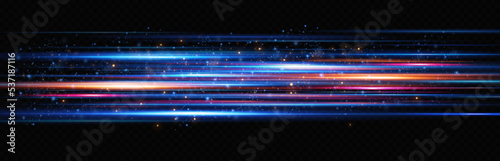 Motion light effect for banners. Blue lines. The effect of speed on a blue background. Red lines of light, speed and movement. Vector lens flare.
