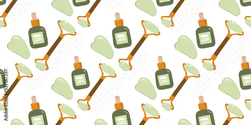 Seamless pattern set Jade massage roller, gouache scraper and face serum. Beauty background. Flat vector illustration