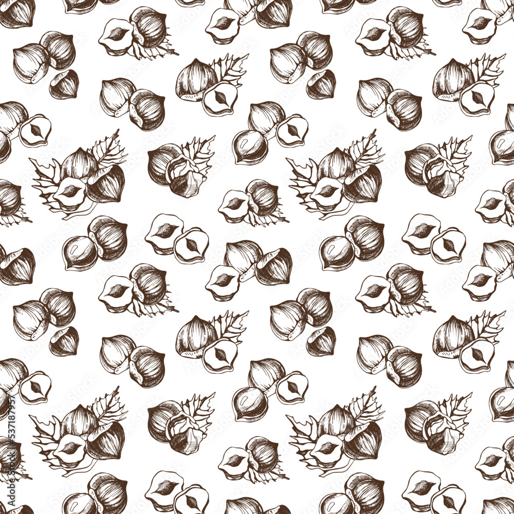 Fototapeta premium Vector seamless pattern with hazelnuts on a white background. Vegan food illustration.