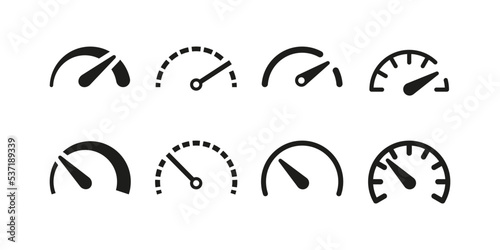 Gauge dashboard, speedometer dial icon set. Speed measurement bar vector collection.