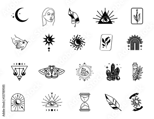 Magic icons set. Paranormal and esoteric icons about mental health, magic and mystique.