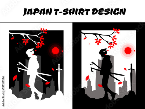 urban samurai boy with oni mask on head, silhouette samurai anime vector for design t shirt concept, Japanese t-shirt design, silhouette for a Japanese theme, boy walking with two swords