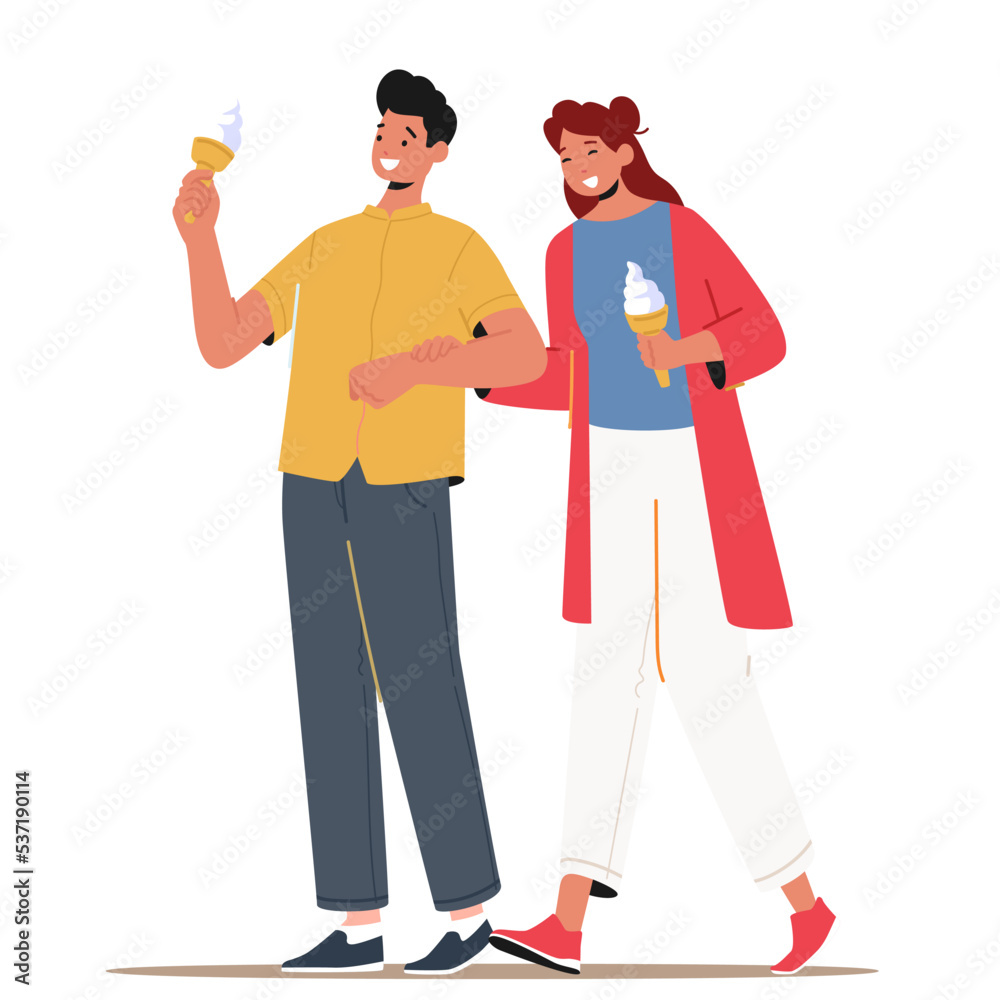 Couple Enjoying Ice Cream, Man And Woman Dating and Walking In Park, Eating Icecream, Holding Hands. Romance, Love Couple Enjoying Ice Cream, Man And Woman Dating and Walking In Park, Eating Icecream, Holding Hands. Romance, Love