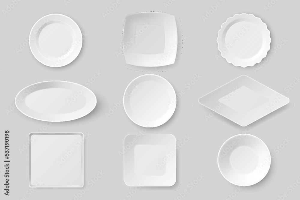 Realistic food plates in different shape, dishes and bowls set. White porcelain plate for restaurant Realistic food plates in different shape, dishes and bowls set. White porcelain plate for restaurant