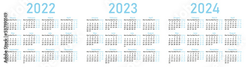 Simple english calendar grid for 2022, 2023, 2023. The week starts on Monday, two days off.