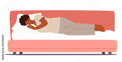 Night Rest and Bedding Time Concept. Black Woman in Pajama Sleep on Bed with Pillow Side View. Relaxed Girl Sleeping
