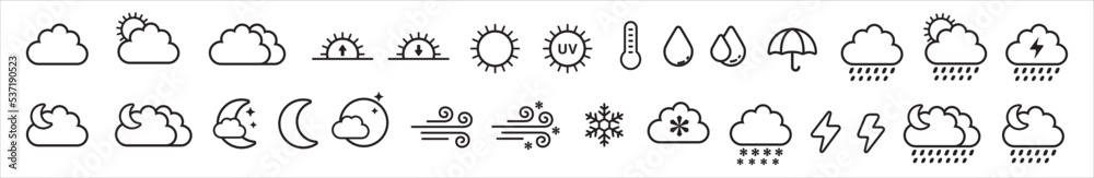 Weather icons. Weather forecast line icon set. Simple design for application and website button. Contains symbol of sunrise, sunset, sun, moon, rainfall, blizzard, snow, umbrella. Vector illustration