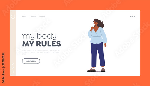 Curvy Fat Adult Girl Landing Page Template. Attractive Chubby Black Woman in Elegant Office Clothes, African Woman