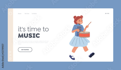School Orchestra Landing Page Template. Victory Parade Celebration, Musician Girl Character Walking with March