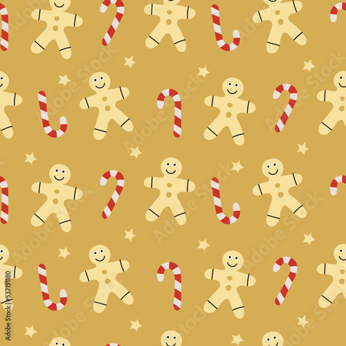 cute gingerbread man candy sweets Christmas winter seamless repeat pattern on yellow background