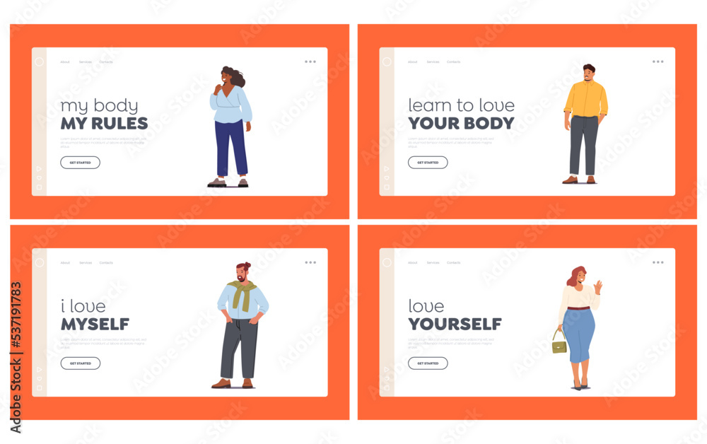 Diverse Plus Size Modern Men and Women Landing Page Template Set. Body Positive Happy People In Trendy Outfits