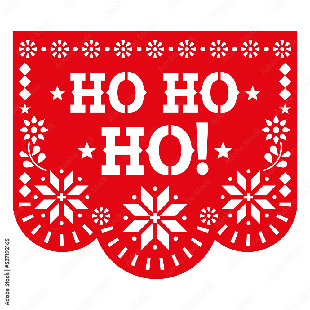 Obraz premium Ho Hi Ho! Christmas Papel Picado vector template design with snowflakes and flowers, Mexican party garland paper cutout decoration in red 
