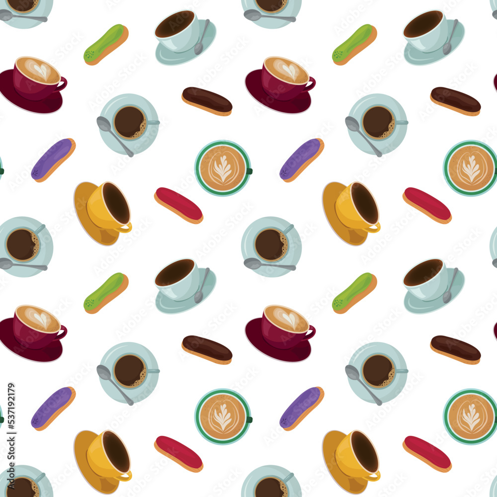 seamless pattern with colorful coffee cups and eclairs on a white background. For wrapping paper, wallpaper, screensavers