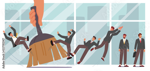Downsnizing, Layoffs Concept. Huge Boss Hand Brushing Team of Business People. Personnel Reduction, Dismissal Metaphor
