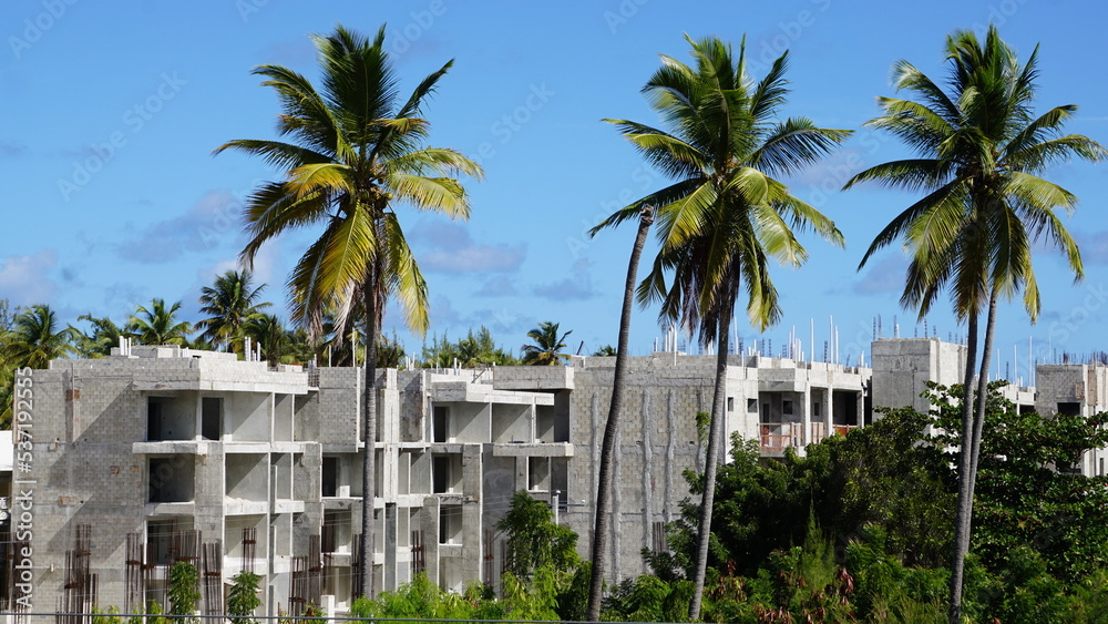 Fototapeta premium palm trees and new buildings in the residential complex Plaza Artistica in Punta Cana in the Dominican Republic in the month of January 2022