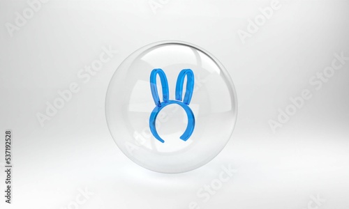 Blue Mask with long bunny ears icon isolated on grey background. Fetish accessory. Sex toy for adult. Glass circle button. 3D render illustration