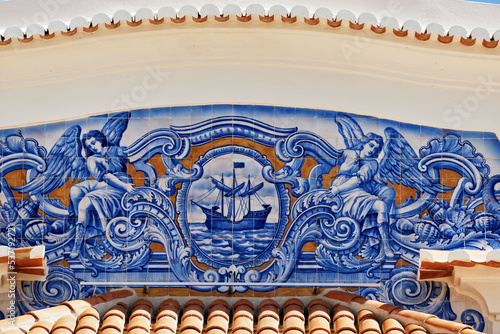 panel of azulejos tiles on the facade of old railways station in Aveiro, Portugal..