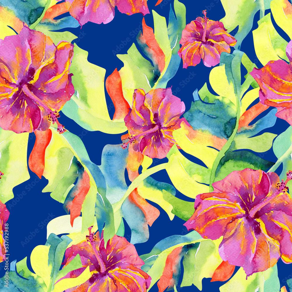 Colorful watercolor tropical hibiscus leaves and flowers on a blue background. Floral seamless pattern