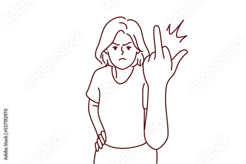 Furious young woman show fuck you gesture. Angry girl demonstrate middle finger. Nonverbal communication. Vector illustration. 
