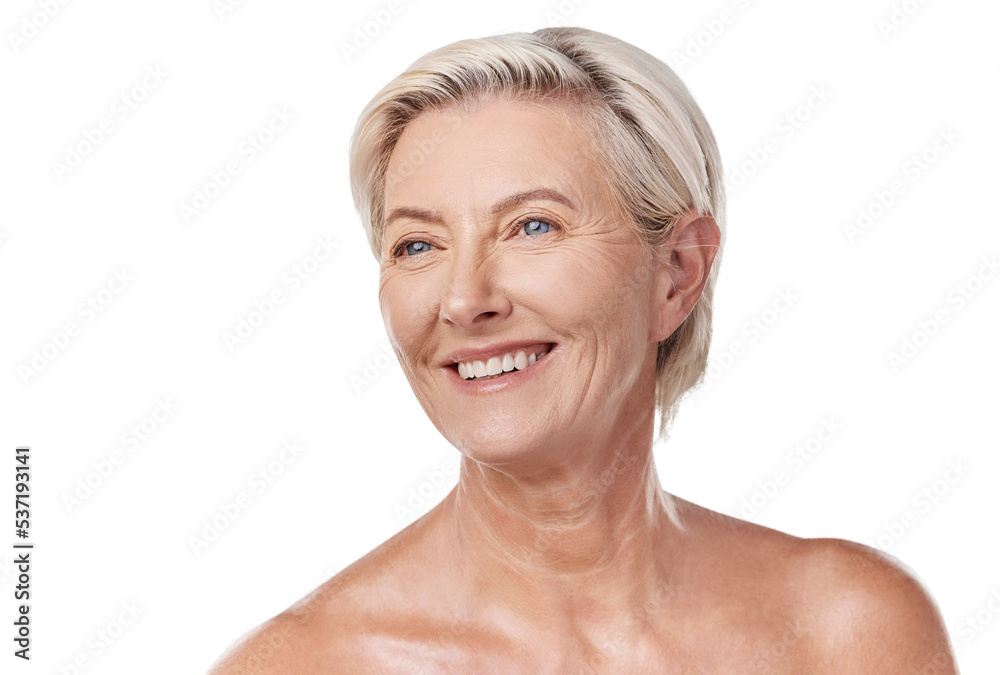 Beautiful mature caucasian woman posing topless and isolated against a pink  background copyspace . Happy senior woman