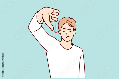 Unhappy man show thumb down dissatisfied with financial recession or money loss. Upset angry male dislike negative finance statistics. Vector illustration. 