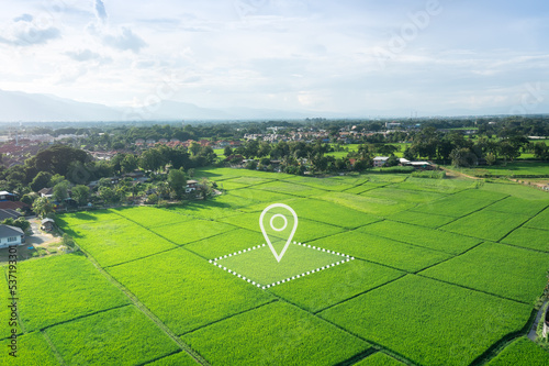 Land plot in aerial view. Identify registration symbol of vacant area for map. That property, real estate for business of home, house or residential i.e. construction, development, sale, rent and buy.
