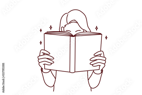 Young woman with book enjoy reading. Engaged girl with textbook lost in literature. Bookworm and hobby. Vector illustration.