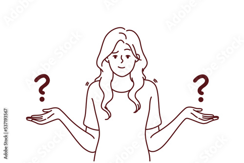 Confused woman feel frustrated making choice or decision. Distressed female have dilemma deciding or choosing. Vector illustration. 