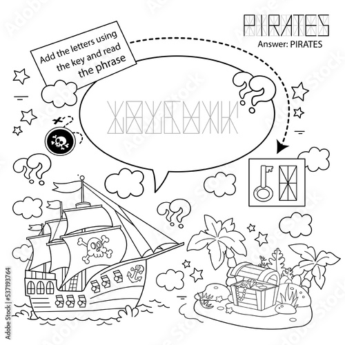 Puzzle Game for children. Coloring Page Outline Of Coloring Page Outline Of cartoon pirate ship with treasure island. Coloring Book for kids.