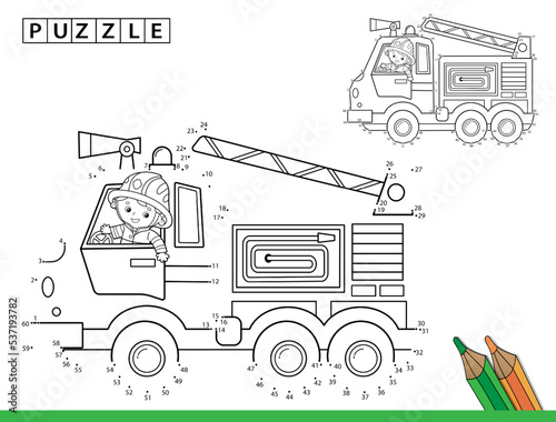 Puzzle Game for kids: numbers game. Coloring Page Outline Of cartoon fire truck with fireman or firefighter. Coloring Book for children.