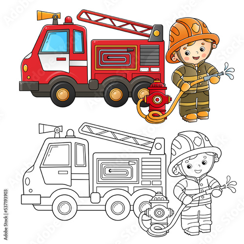 Coloring Page Outline Of cartoon fire truck with fireman or firefighter. Fire fighting. Professional transport. Coloring Book for kids.