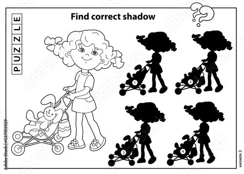 Puzzle Game for kids. Find correct shadow. Coloring Page Outline of cartoon girl with stroller with doll. Toys and playground. Coloring book for children.