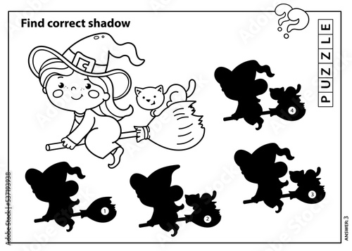 Puzzle Game for kids. Find correct shadow. Coloring Page Outline Of cartoon little witch on a broom with a pot and with a cat. Coloring book for children.