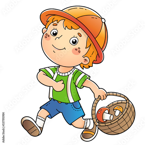 Cartoon little boy with a basket for mushrooms. Colorful vector illustration for kids.