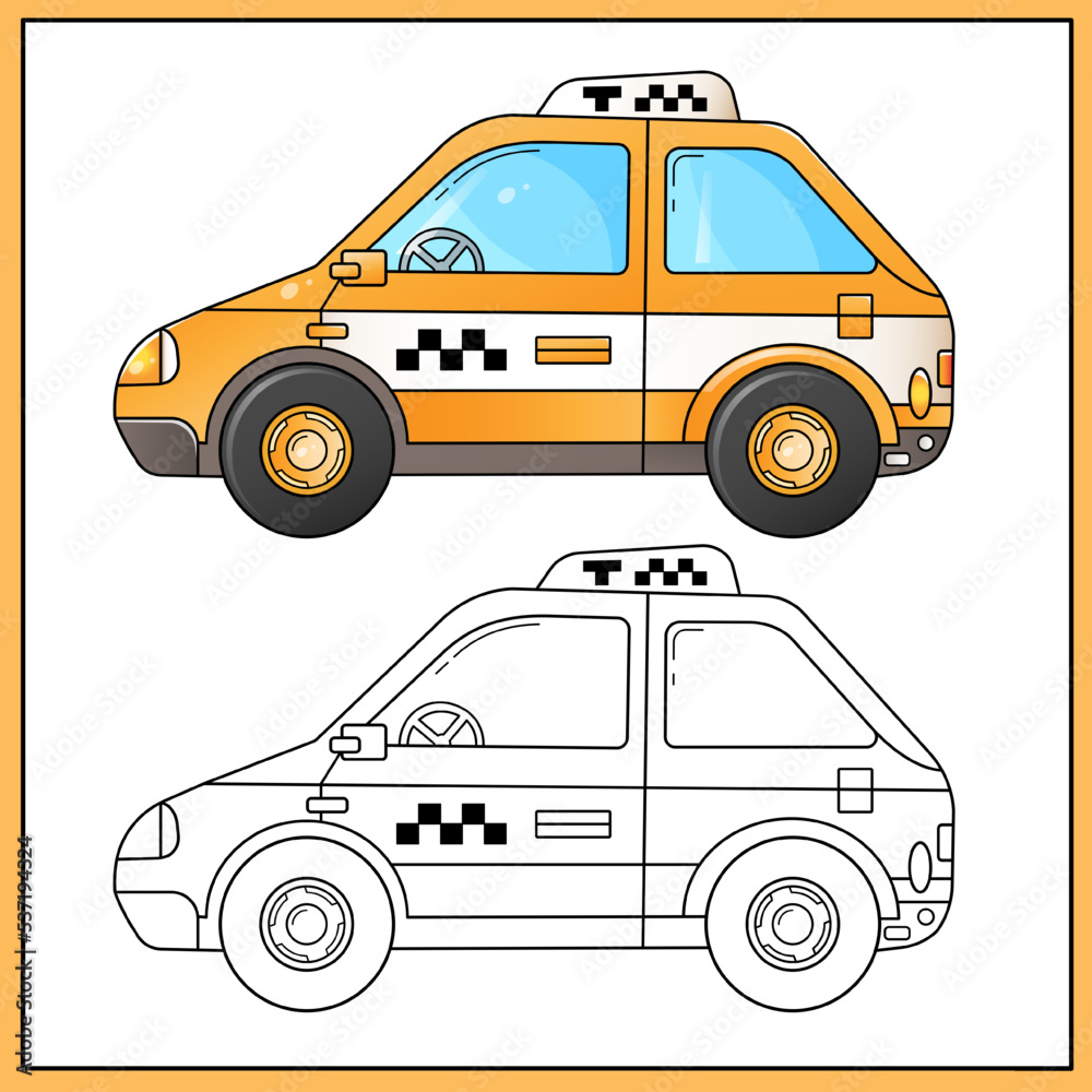Coloring Page Outline Of cartoon Car. Taxi. Images transport or vehicle for children. Coloring book for kids.