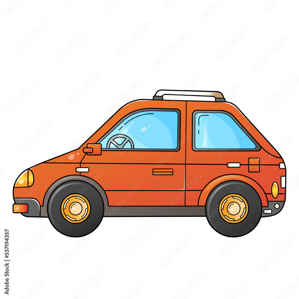 Cartoon red passenger car or machine. Images transport or vehicle for children. Colorful vector illustration for kids. Cartoon red passenger car or machine. Images transport or vehicle for children. Colorful vector illustration for kids.