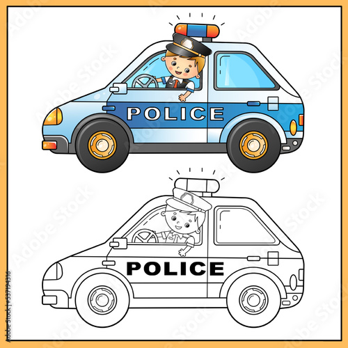 Coloring Page Outline Of cartoon policeman with car. Profession - police. Image transport or vehicle for children. Coloring book for kids.