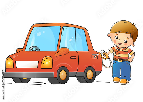 Cartoon red passenger car or machine with driver. Images transport or vehicle for children. Colorful vector illustration for kids.