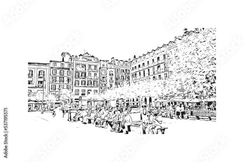 Building view with landmark of Pamplona is the 
city in Spain. Hand drawn sketch illustration in vector.