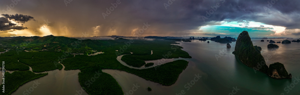Aerial view of Samet Nangshe Viewpoint at sunset during rainy season, Phang Nga, Thailand