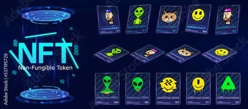 3D token NFT cards in crypto artwork. NFT maps with art in perspective, top view in isometric and frontal view. Non-fungible token with information from the blockchain. ERC20. 3D pixel arts. Vector