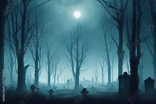 Creepy Graveyard at Night, Halloween Background, Concept Art, Digital Illustration © Badger