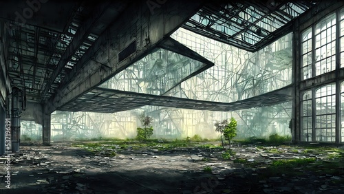 Abandoned plant overgrown with vegetation. concept art, interior. © Korney