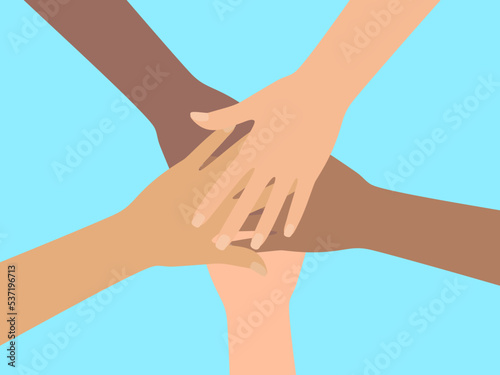 Group of people putting hands together. Concept of community  equality. Vector illustration in flat style.