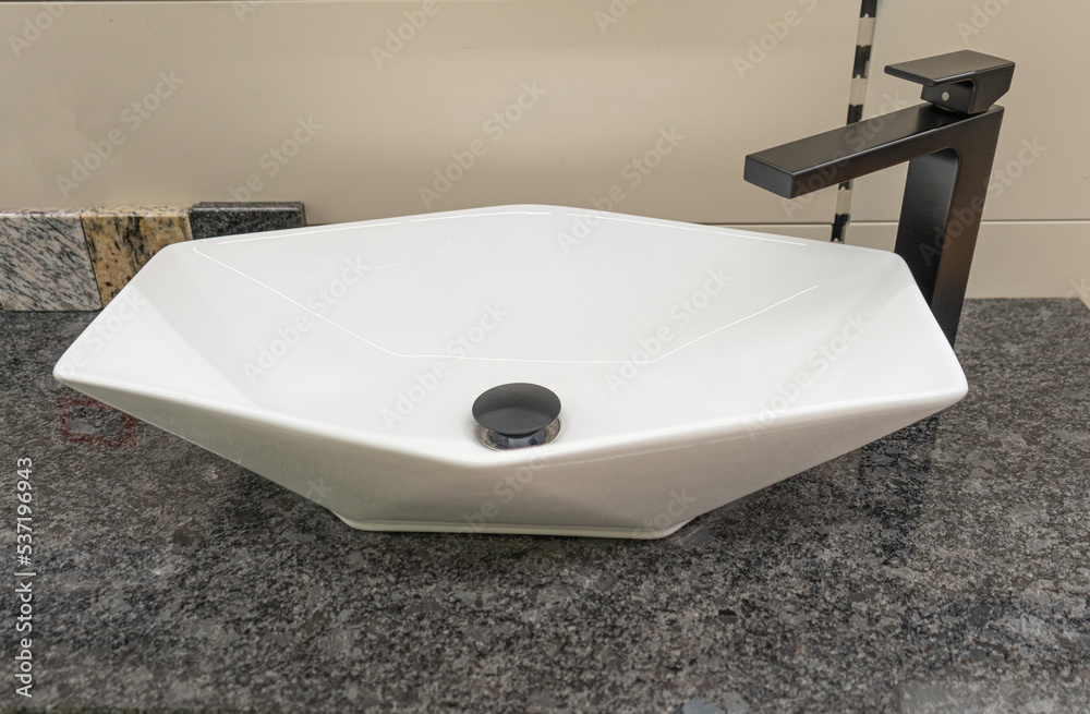 Fototapeta premium New White Sink with Faucet, Contemporary Wash Basin, Washbasin, Wash Bowl, Bathroom Interior