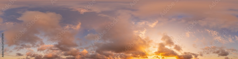 Dark blue sunset sky panorama with pink Cumulus clouds. Seamless