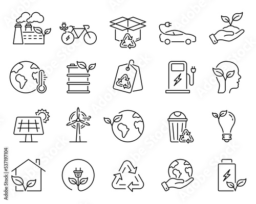 Environment Care Line Icon Set. Ecology Solar, Wind, Water Electric Energy Linear Sign. Clean Electricity Power Outline Symbol. Environment Conservation. Editable Stroke. Isolated Vector Illustration
