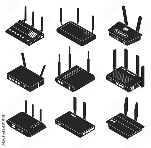 Wifi router vector black isometric set icon. Isolated isometric set icon internet modem. Vector black illustration wifi router on white background.