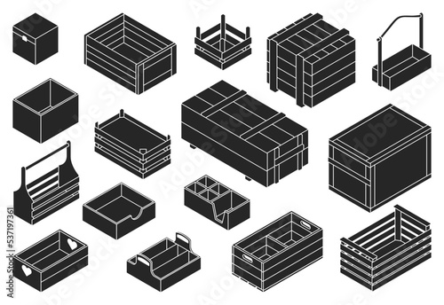 Wooden box black isometric vector set icon. Isolated black isometric set icon crate and container. Vector illustration wooden box on white background .